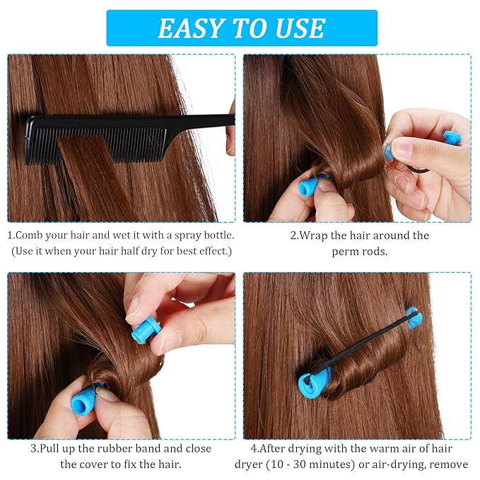 WILLBOND 60 Pcs Short Perm Rods Natural Hair Perm Rods with Elastic Rubber Band Non Slip Plastic Perming Cold Wave Kit for Women Hairdressing Styling Tool(0.35 Inch,Blue)