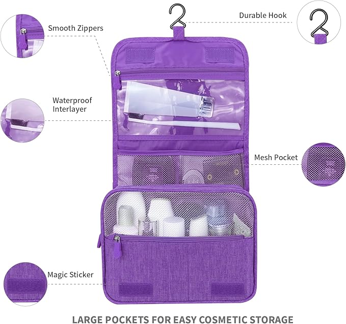 Large Capacity Toiletry Bag Travel Bag with Hanging Hook for Men and Women Waterproof Travel Cosmetic Bag Bathroom Storage Bag for Brushes Set, Full-Sized Shampoo, Toiletries, (Purple)