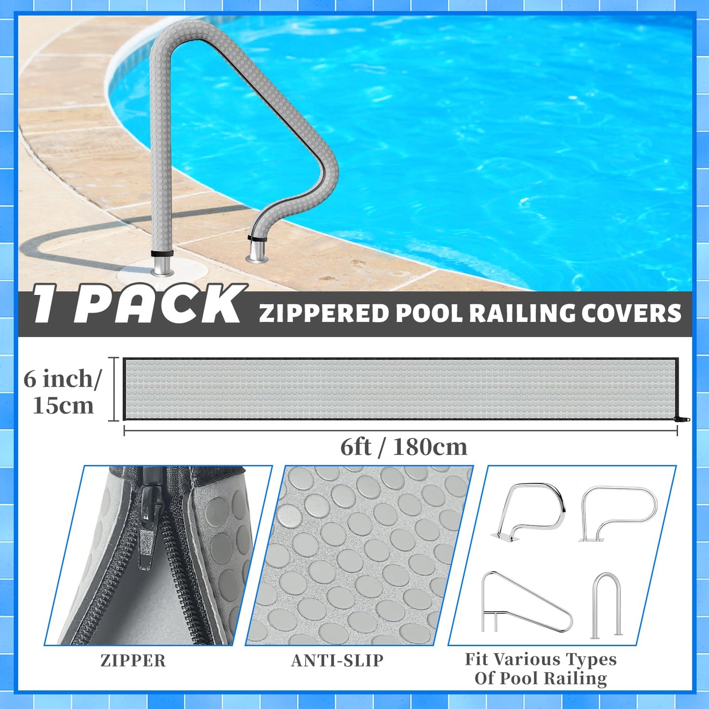 Kakolvan Swimming Pool Handrail Cover, Non-Slip Railing Handle Grip Covers with Zippers, Fit Most Above/Inground Pool Hand Rails, Cooling, Soft & Comfortable Touch Ladder Sleeve (6 Ft, 1 Pack)