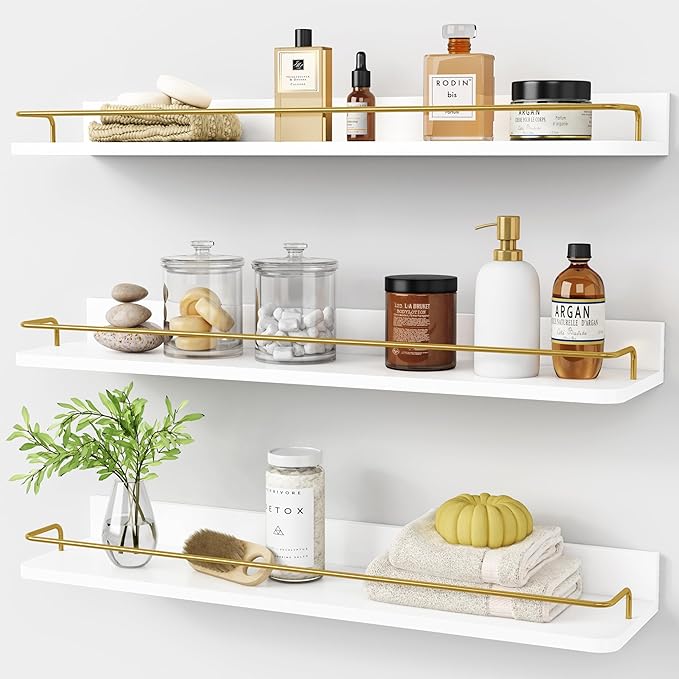 Forbena 24 Inch Bathroom Floating Shelves for Wall Set of 3, Gold Bathroom Shelves Over Toilet Wall Mounted with Rail, Decorative Hanging Shelf for Bedroom Office Living Room Decor (White and Gold)