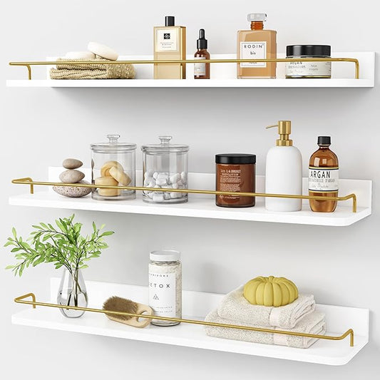 Forbena 24 Inch Bathroom Floating Shelves for Wall Set of 3, Gold Bathroom Shelves Over Toilet Wall Mounted with Rail, Decorative Hanging Shelf for Bedroom Office Living Room Decor (White and Gold)