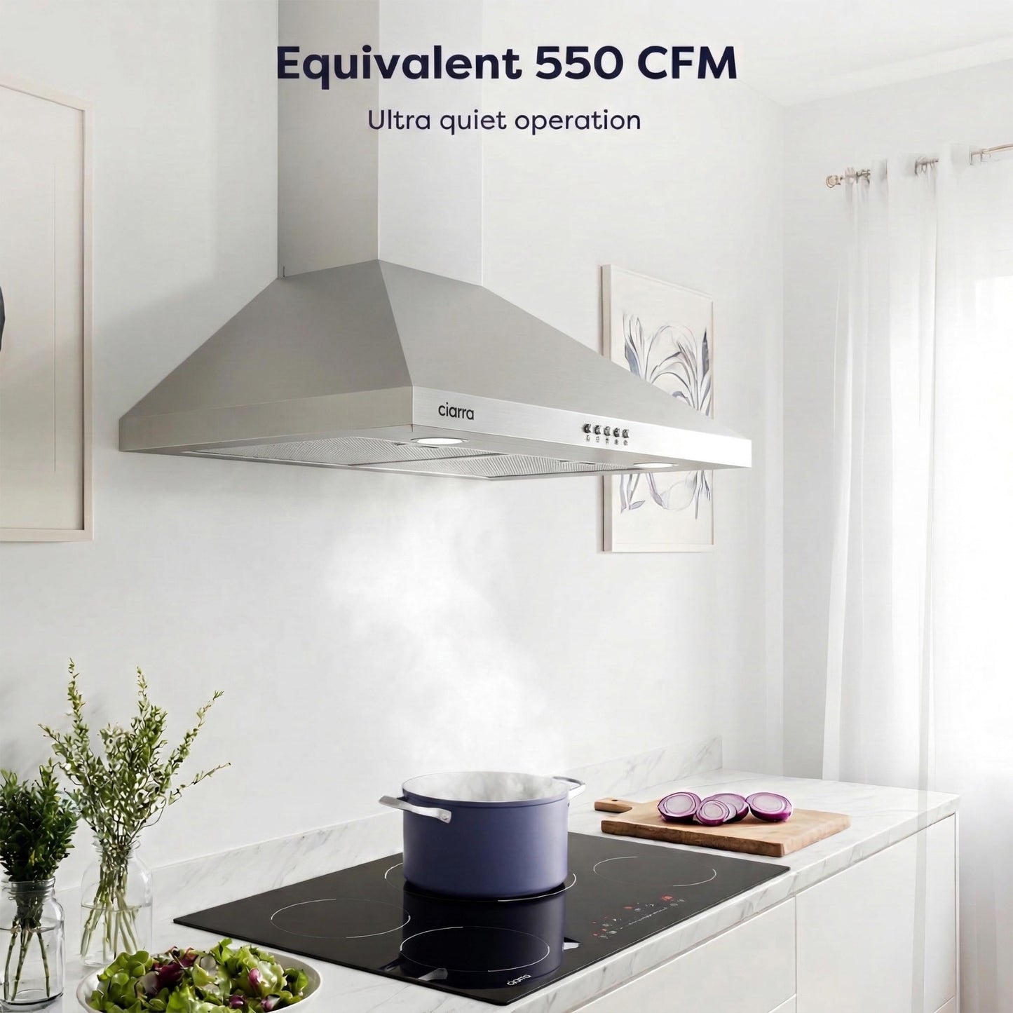 CIARRA Range Hood 30 inch Wall Mount 550CFM Ducted Ductless Stove Vent Hood with 2 LED Light for Kitchen, Stainless Steel, Push Button, Easy to Install, CAS75206P-N