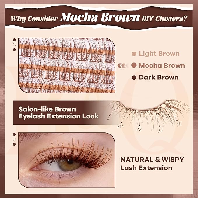 B&Q Brown Lash Clusters Kit Natural Mochalash Clusters 03, Wispy Eyelash Clusters Kit C-Curl Cluster Eyelash Extensions 8-16mm Brown Lash Eyelashes Kit for Fair/Dark Hair(Mochalash 03 Set)