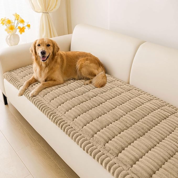 hyha Couch Covers for Dogs Washable, Non Slip Plush Dog Sofa Protectors, Fuzzy Pet Couch Covers for 3 Cushion Sofa Pet Friendly (Khaki, 27.6" x 88")