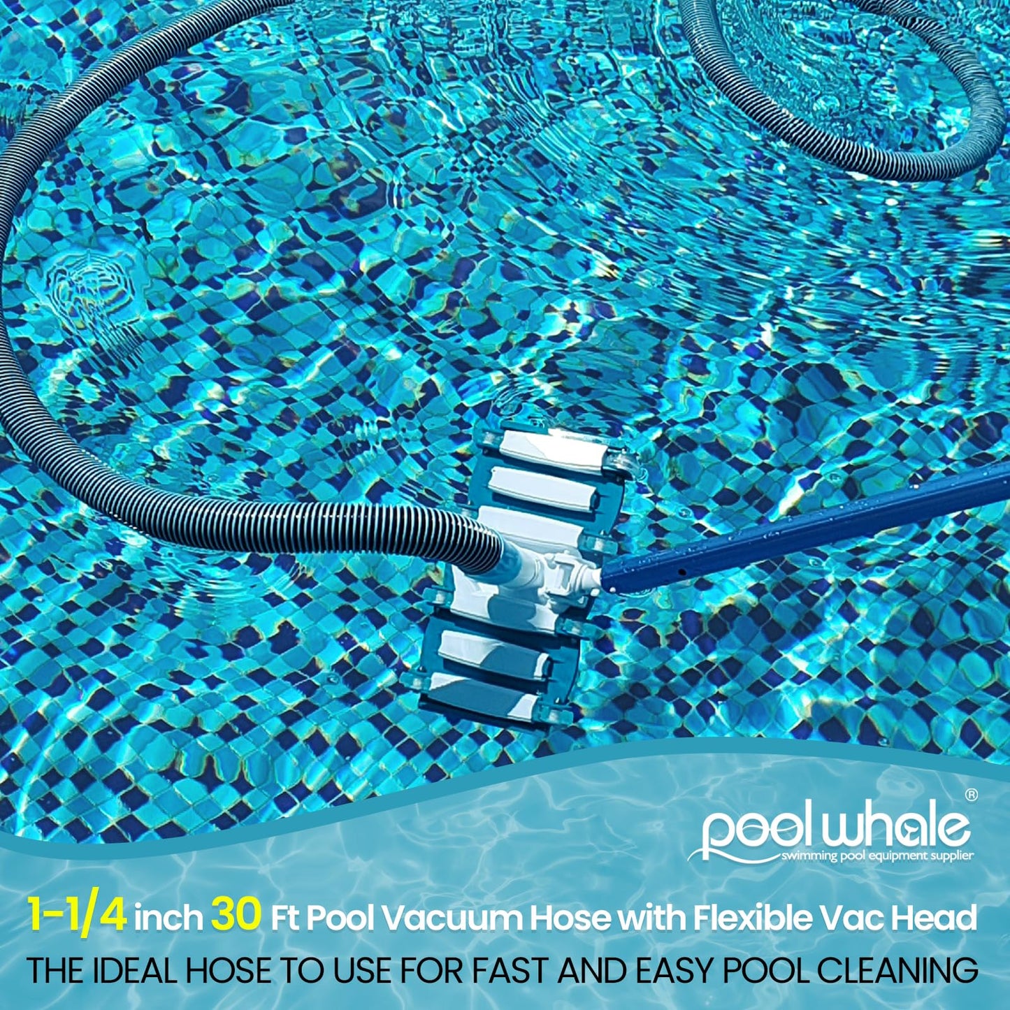 POOLWHALE Professional 1-1/2-Inch x 30-Feet Swimming Pool Vacuum Hoses and Weighted Rotatable Handle Vacuum Head with Wheels, Perfect for Above Ground and Inground Pools