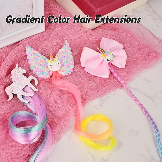 Little World Hair Clips for Girls - 6 Pcs Curly Clip in Hair Extensions with Cute Unicorn Bow - 13in Gradient Color Hair Clips for Girls Clip On for Toddler Kids Girls Ponytails Accessories