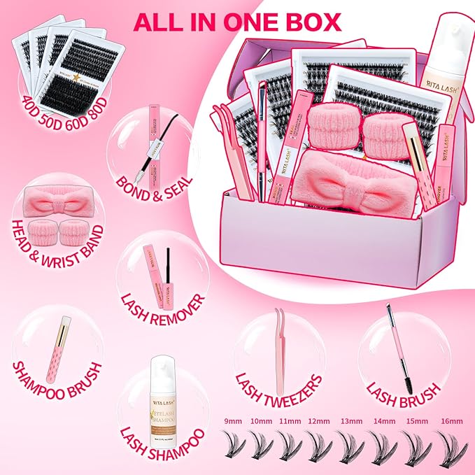 Lash Clusters Kit Eyelash Clusters Kit Cluster Eyelash Extensions Large Pack Lashes Clusters Lash Extension Kit PestaÃÂ±as Postizas Naturales+Lash Bond&Seal,Remover,Tweezers,Cleanser,Tools(Lash Kit-10)