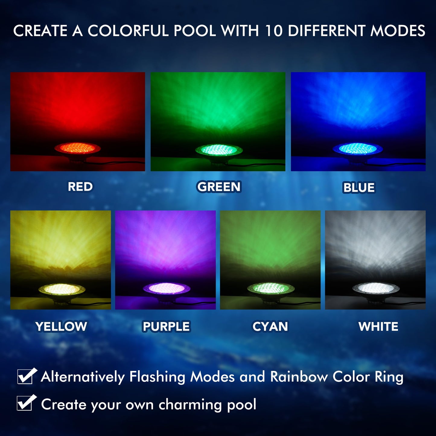 HQUA PN01DC LED Inground Pool Lighting System RGBW Color Change 10 Inch 50W, Remote/App Control, 120V AC, 100 Feet Cord