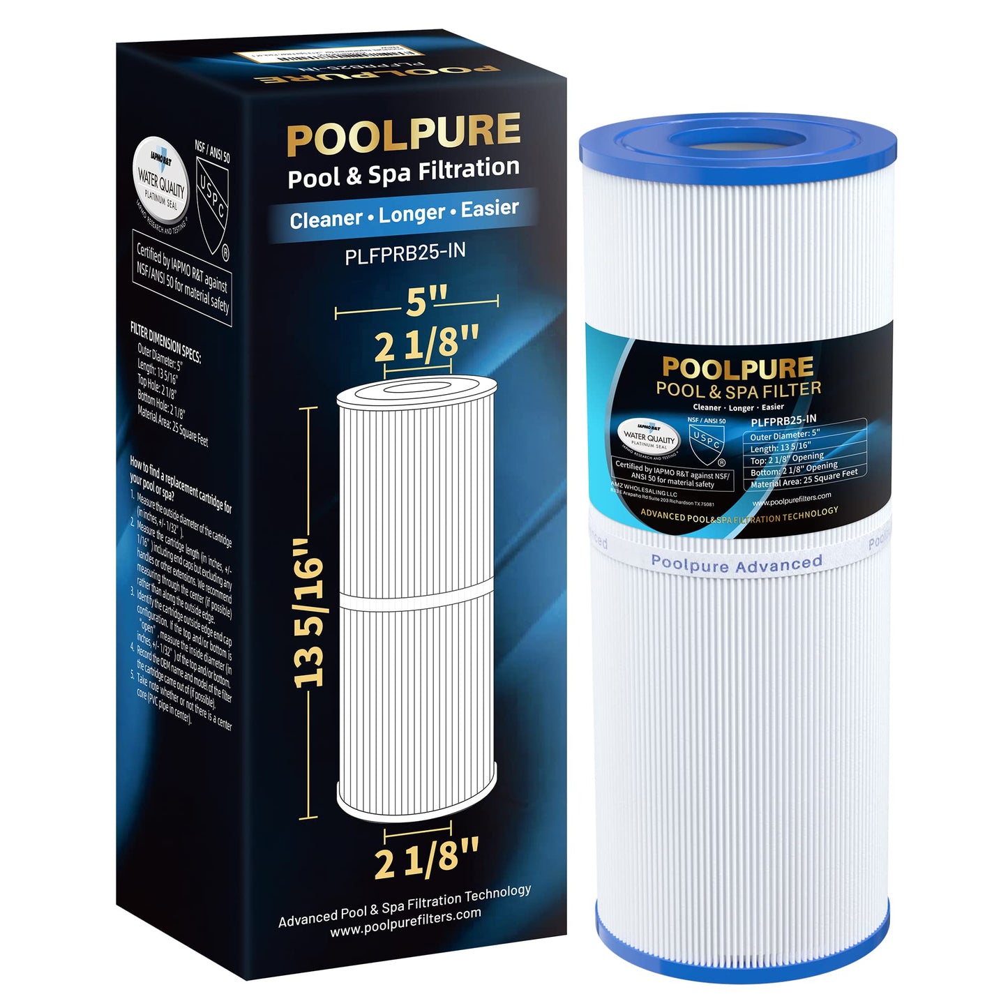 POOLPURE PLFPRB25-IN Hot Tub Filter Replace Unicel C-4326, Guardian 413-106, Filbur FC-2375, FC-2370, 3005845, 17-2327, 100586, 33521, 25392, 817-2500, 5X13 Drop in Spa Filter 1 Pack
