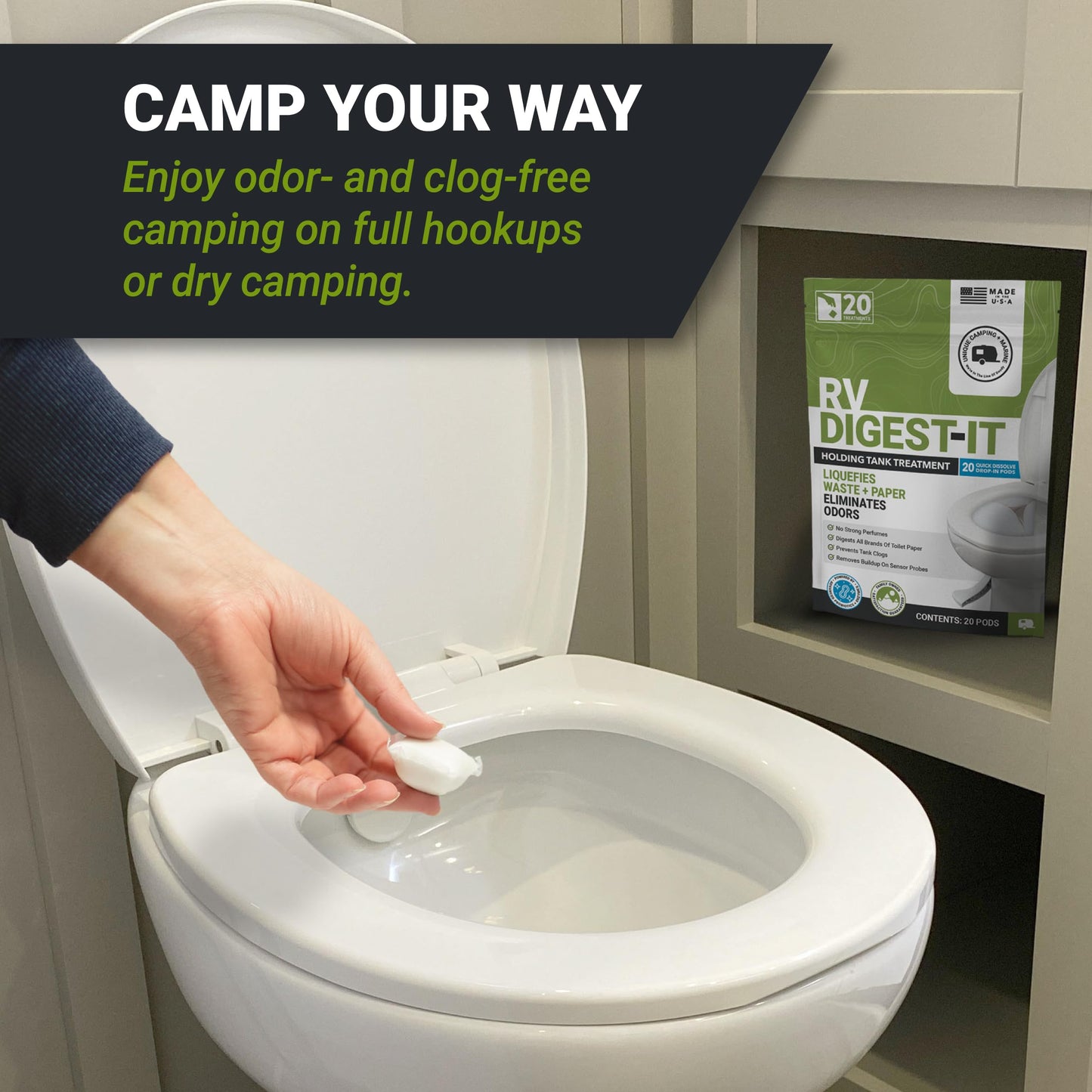 Unique RV Digest-It RV Toilet Treatment, Drop-In Pod - Convenient, Dissolvable, Mess-Free - Eliminates Odors and Liquifies Waste (60 Pods)
