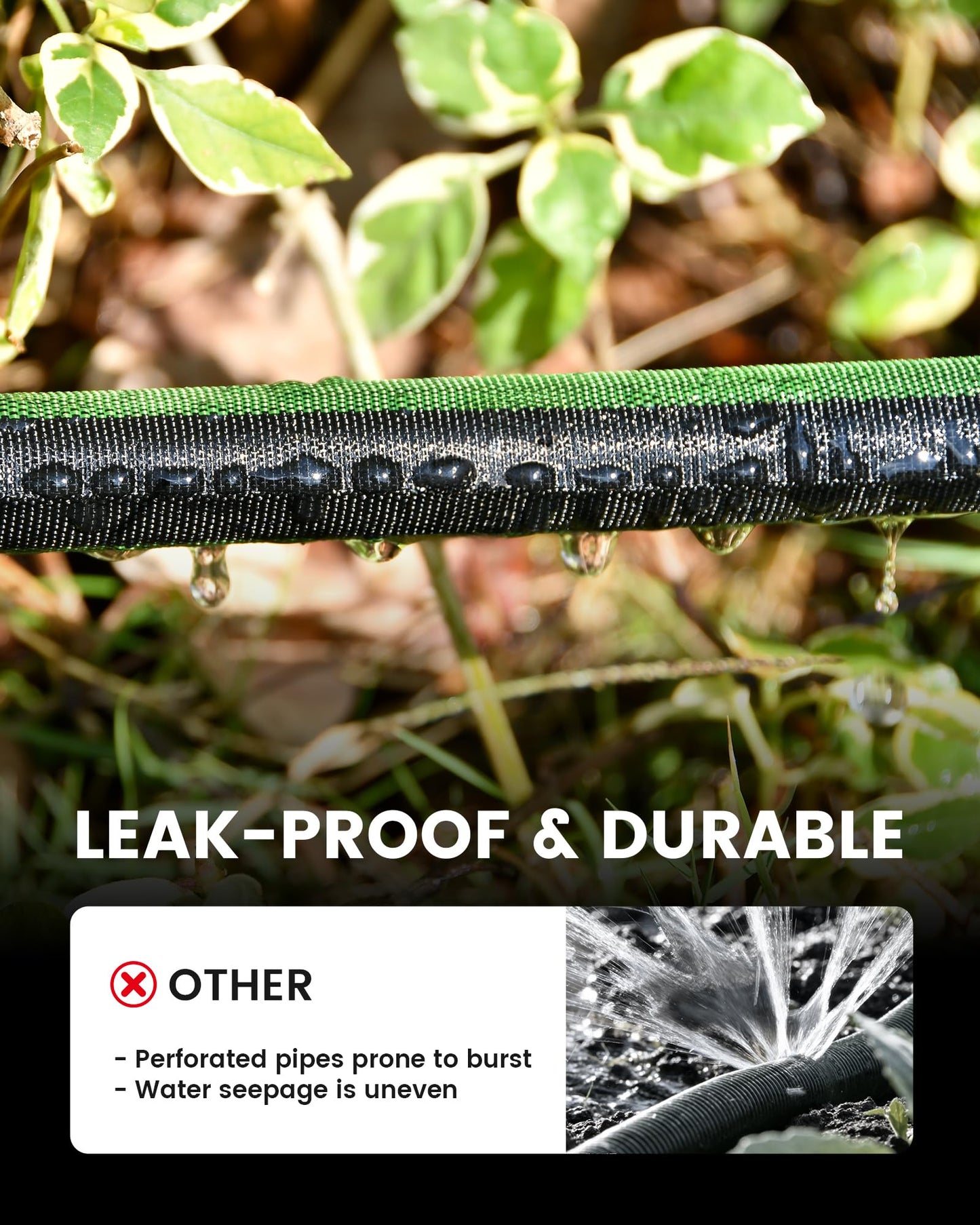 RAINPOINT Flat Soaker Hose 75FT, 80% Water-Saving Drip Hose for Garden, Leakproof and Flexible with Anodized Aluminum Ends, Double Layer Soaking Hoses for Garden, Green