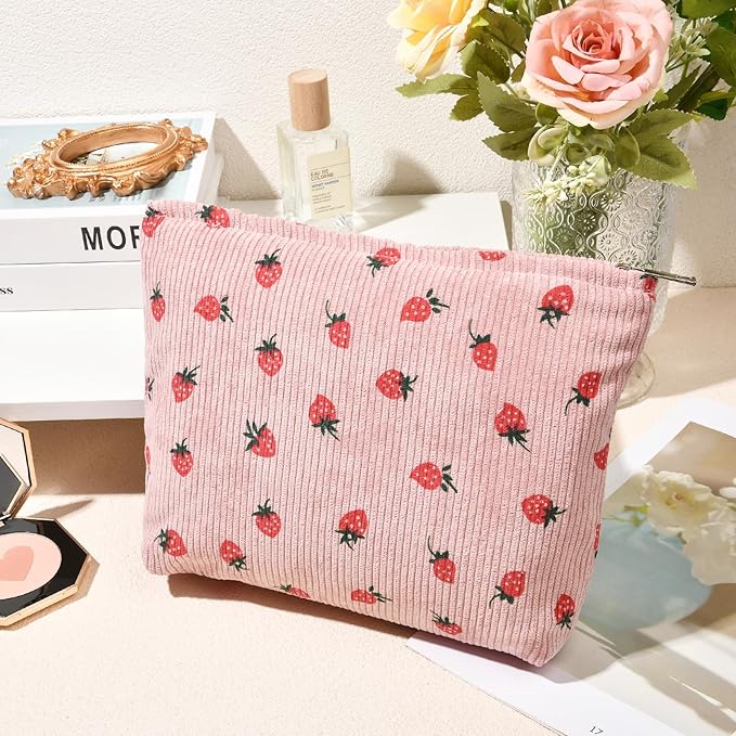 SOIDRAM 2 Pcs Makeup Bag Large Cosmetic Bag Toiletry Bag Makeup Pouch Travel Bag Organizer Cute Makeup Brushes Aesthetic Accessories Storage Bag for Women Pink Strawberry