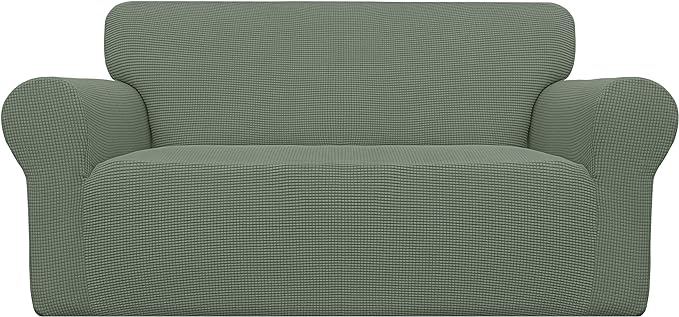 Easy-Going Stretch Loveseat Slipcover 1-Piece Sofa Cover Furniture Protector Couch Soft with Elastic Bottom for Kids Polyester Spandex Jacquard Fabric Small Checks (Loveseat, Greyish Green)