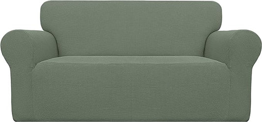 Easy-Going Stretch Loveseat Slipcover 1-Piece Sofa Cover Furniture Protector Couch Soft with Elastic Bottom for Kids Polyester Spandex Jacquard Fabric Small Checks (Loveseat, Greyish Green)