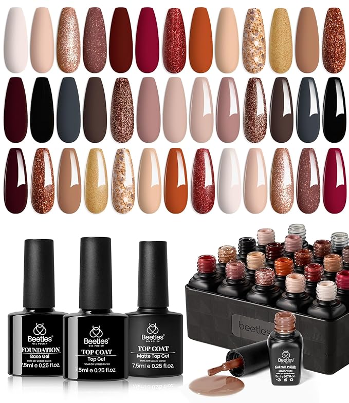 Beetles Gel Nail Polish Set, 23Pcs Brown Burgundy Red Nude Pink Gel Polish Set with Base Top Coat Verse of Roses Kit, Soak off Uv Gel Golden Glitter Holiday Nail Gift for Women