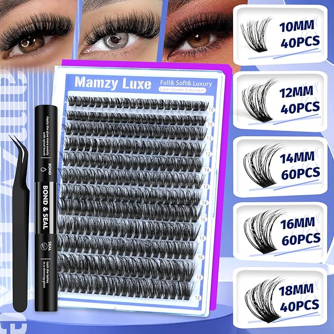 Fluff Lash Clusters Kit 60D Individual Lashes Clusters Wispy 10-18MM Eyelash Clusters Kit Full Volume False Eyelashes 3D Luxury Cluster Eyelash Extension Kit by MAMZY LUXE