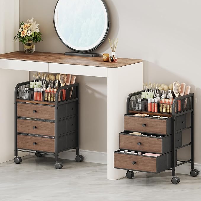 SWTYMIKI Rolling Makeup Organizer Cart - 14.96Ã¢ÂÂ³*11.81Ã¢ÂÂ³*23.03Ã¢ÂÂ³ Widened Under Desk Vanity Storage with 3 Non-woven Drawers, Cosmetic Display Cases for Skin Care Perfume Nail Polish Brush Hair Tool Black