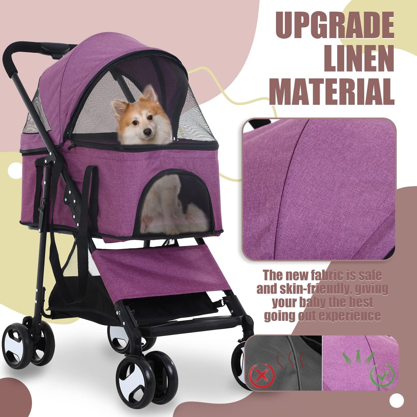 Dog Stroller 3-in-1 Folding Dog Stroller for Medium Small Dogs Pet Stroller Cat Stroller 4 Wheels with Detachable Carrier Storage Basket Waterproof Lightweight for Travel,Purple