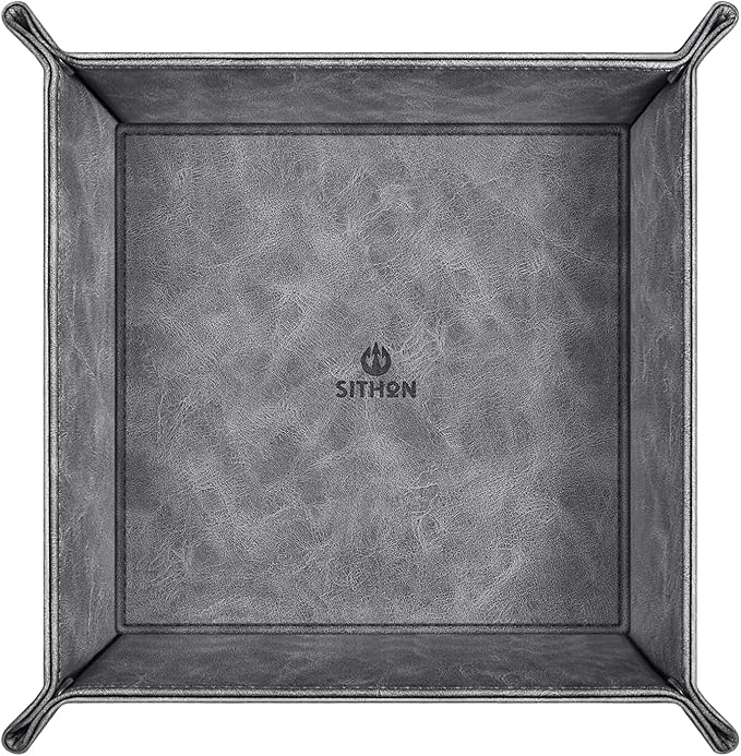 SITHON Valet Tray Desktop Storage Organizer Ã¢ÂÂ Premium PU Leather Catchall Bedside Vanity Tray Nightstand Caddy Holder for Remote Controller, Keys, Phone, Wallet, Coin, Jewelry (Gray)