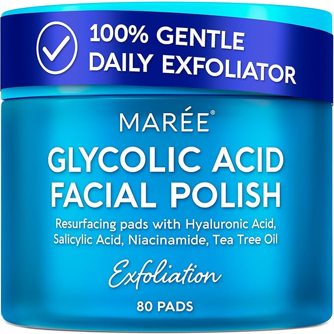 MAREE Glycolic Acid Pads Ã¢ÂÂ Toner Pads for Face Cleansing Ã¢ÂÂ Exfoliating Pad with Tea Tree Oil, Salicylic Acid & Vitamins E, B3, B5 Ã¢ÂÂ Acne Clearing, Skin Pore Resurfacing & Radiance Device - 80 Count