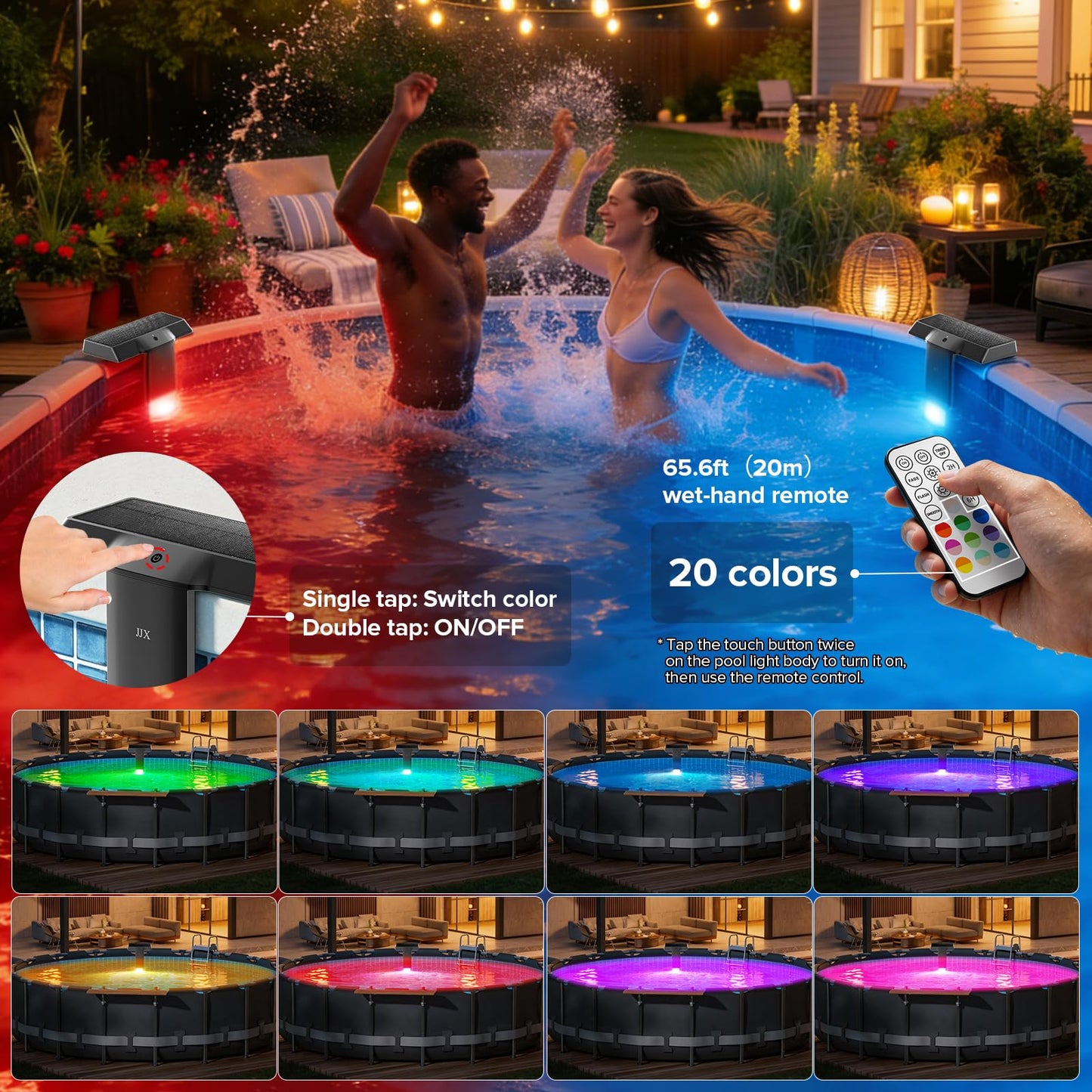 JJX Solar & USB Rechargeable LED Pool Lights for Inground and Above Ground Pools, 20 Colors 3 Lighting Modes with Timer & Remote Control, IP68 Waterproof Pool Lights Solar Powered