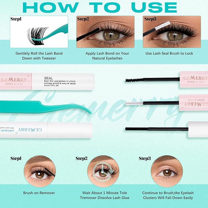 GEMERRY Lashes Clusters Kit Thick Lash Clusters 2 Styles 728Pcs Fluffy Lash Clusters Kit with Waterproof Bond and Seal Remover Tweezers for Beginners（2X 100P+200P）