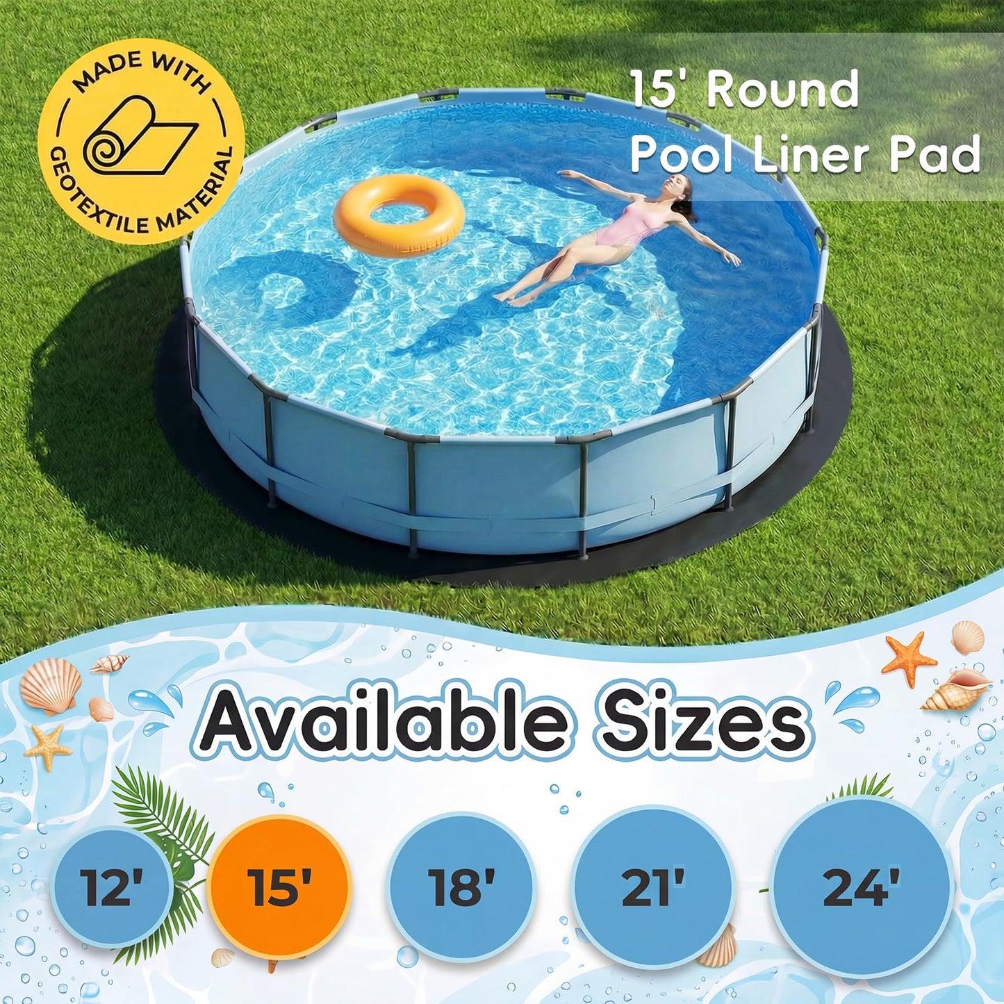 AHEONLAR 15FT Round Pool Liner Pad, 400G/M² Extra Thick Black Pool Pads for Above Ground Pool, Heavy Duty Pool Liner Pad Geotextile Material Pool Liner Puncture-Proof Pool Bottom Padding(15'Round)