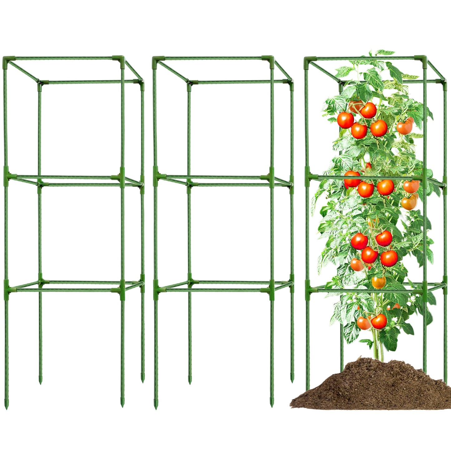 SORANGEUN 3 Pack Square Tomato Cages for Garden - 42 Inch Heavy Duty Tomato Plant Support Stakes, Sturdy Metal Core with Rust-Resistant Coating, Tomato Trellis for Raised Beds