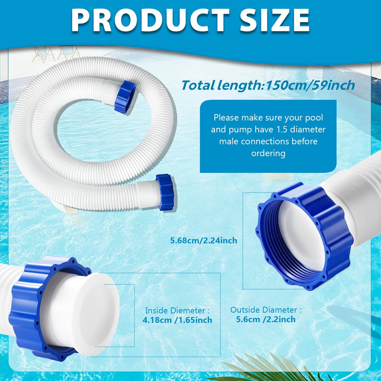 2 Pcs Pool Hoses for Above Ground Pools 1 1/2 Inch Diameter 59" Long Pool Pump Hose Replacement Filter Pump Hose Accessories