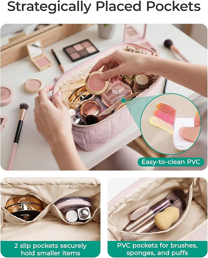 BAGSMART Makeup Bag Travel Toiletry Bag, Puffy Padded Make Up Bags for Women Makeup Organizer Case, Wide-open Pouch Purse Travel Essentials Toiletries Accessories Brushes, Checkered Khaki