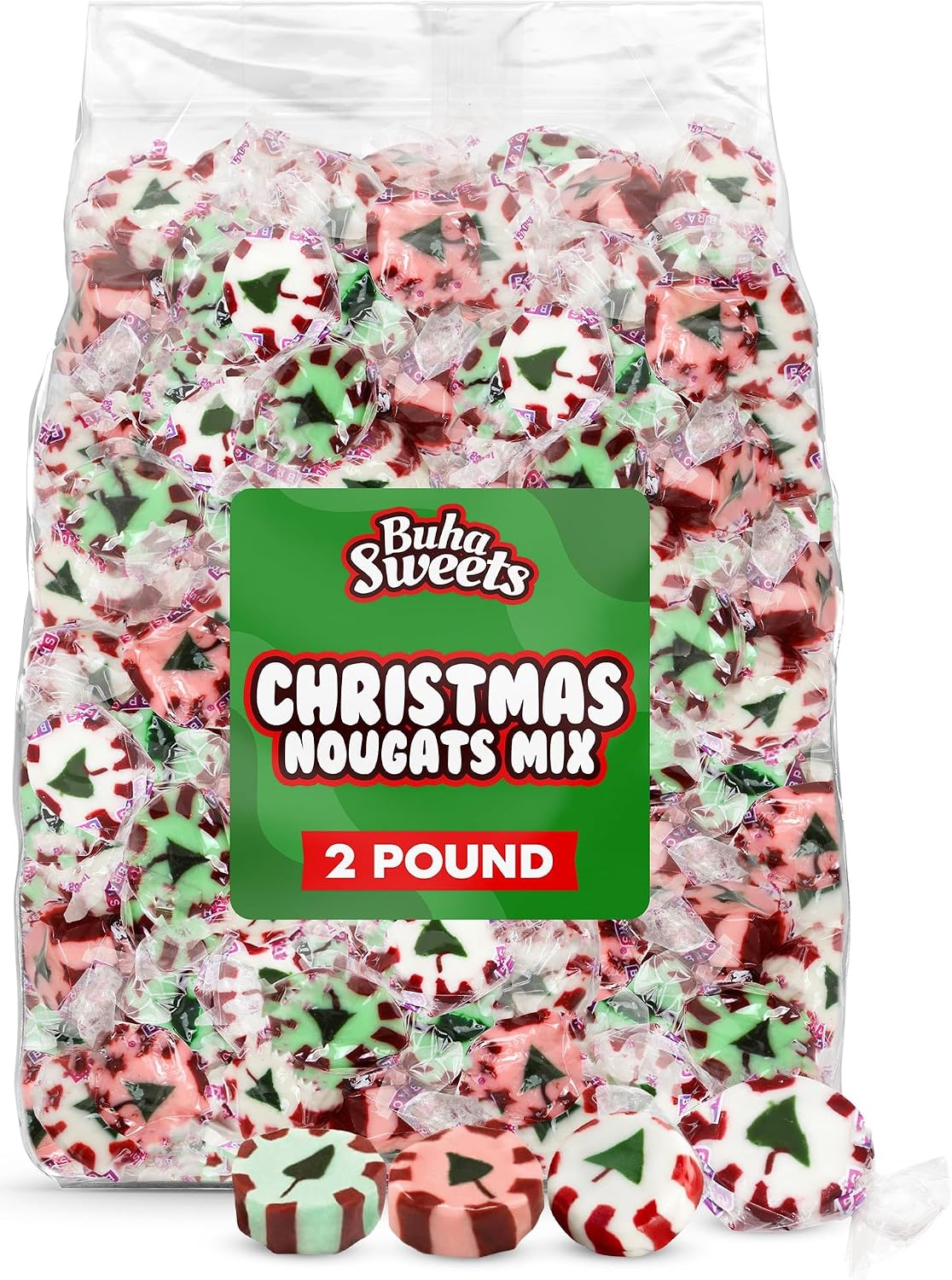 Bulk Christmas Nougats Candy Mix 2 lb Bulk - Handmade Soft & Chewy Peppermint, Wintergreen, and Cinnamon Individually Wrapped Festive Holiday Mints for Bowls, Stockings, Parties, Gift Bags & Treats