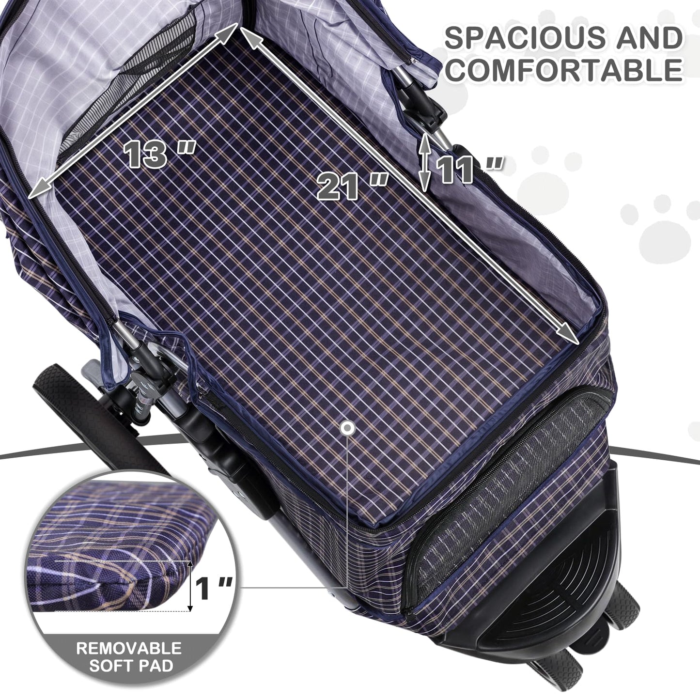 MoNiBloom 3 Wheels Pet Dog Cat Stroller for Small Medium Dogs Cats, Lightweight Foldable Jogger Stroller w/Storage Basket and Cup Holder, Plaid