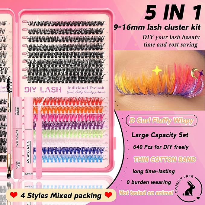 Lash Clusters Kit, 560 Pcs Eyelashes Clusters Kit 9-16mm Individual Lash Extension Kit D Curl Fluffy Wispy False Eyelashes (30D+40D+50D+40D Colored, Lash Clusters Kit)