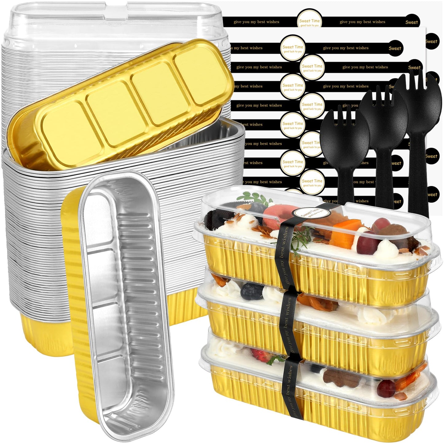 EgticHome Mini Loaf Pans with Lids and Spoons (100 Pack, Gold, 6.8oz) Rectangular Aluminum Foil Baking Pans