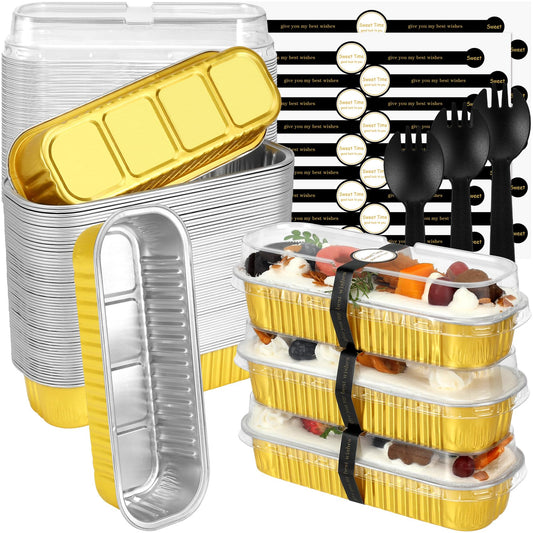 EgticHome Mini Loaf Pans with Lids and Spoons (100 Pack, Gold, 6.8oz) Rectangular Aluminum Foil Baking Pans