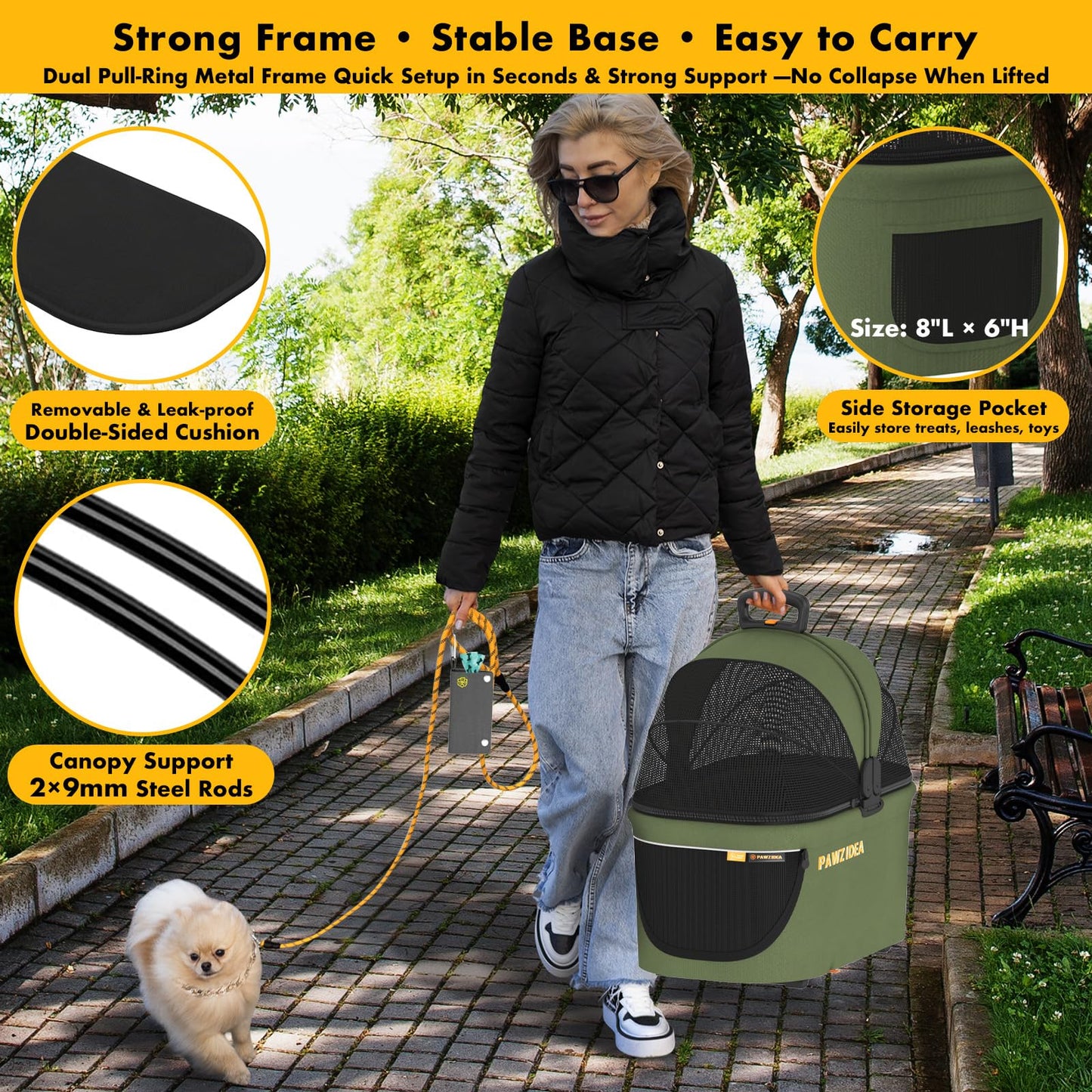 PAWZIDEA Pet Stroller 4 in 1, Foldable Cat Stroller with Detachable Carrier for Small Medium Dogs & Cats, Escape-Proof No-Zip Canopy, Lightweight Portable Travel Crate & Car Seat Combo, Storage Basket