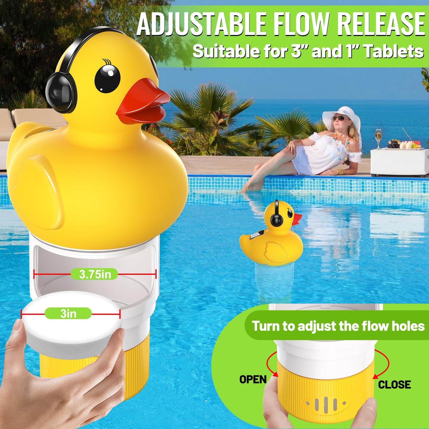 Pool Chlorine Floater with Light,Duck Chlorines Floaters with Adjustable Flow,Solar Chlorine Floater,Floating chlorines Dispenser for Pool,Hot Tub chlorines Floaters, Yellow