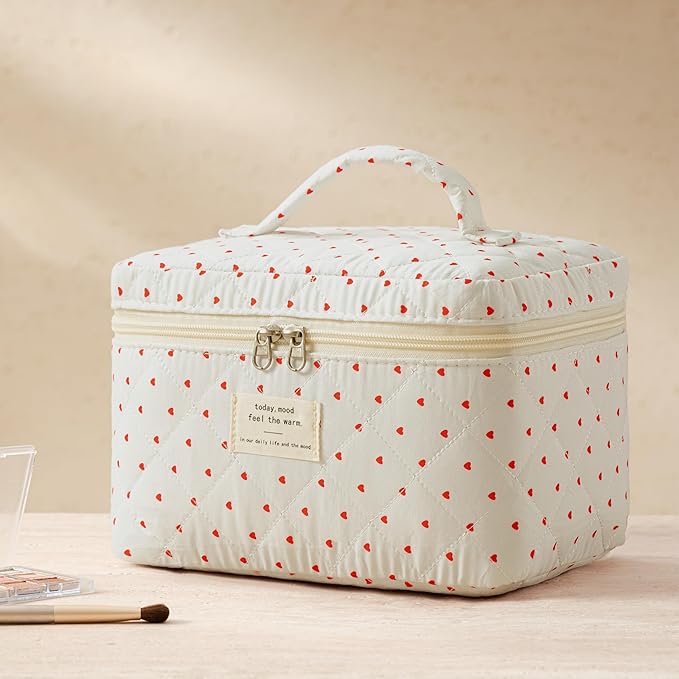 HBselect Quilted Makeup Bag, 3PCS Cotton Large Travel Makeup Bag, Cute Floral Coquette Make up Bag Cosmetic Bag Toiletry Bag for Women Girls