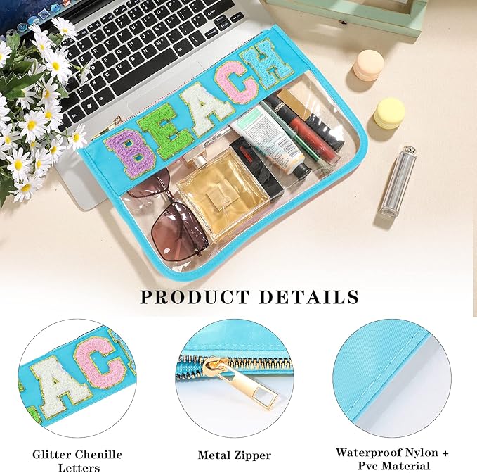 DYSHAYEN Chenille Letter Clear Zipper Pouch for Travel,Nylon Clear Cosmetic Bag,Makeup Travel Bag for Women Girls 11.8 Inches x 8.2 Inches