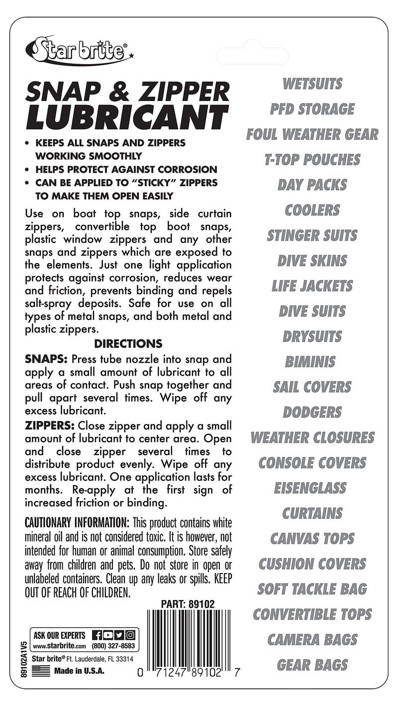 STAR BRITE Snap & Zipper Lubricant - Clear, Non-staining for Clothes, Jeep Tops, Wetsuits, Dive Suits, Gear Bags, Coolers, Biminis, Cushion Covers & More 1.75 OZ (089102)