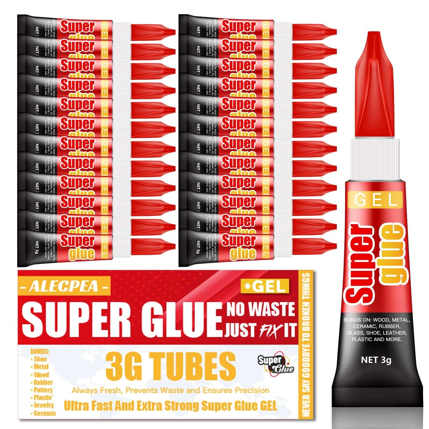 3 Gram (Pack of 24) Single use Super Glue Gel, Super Fast, Thick & Strong Adhesive Superglue, Cyanoacrylate Glue for Hard Plastics, DIY Craft, Ceramics, Frame, Leather, Metal Etc