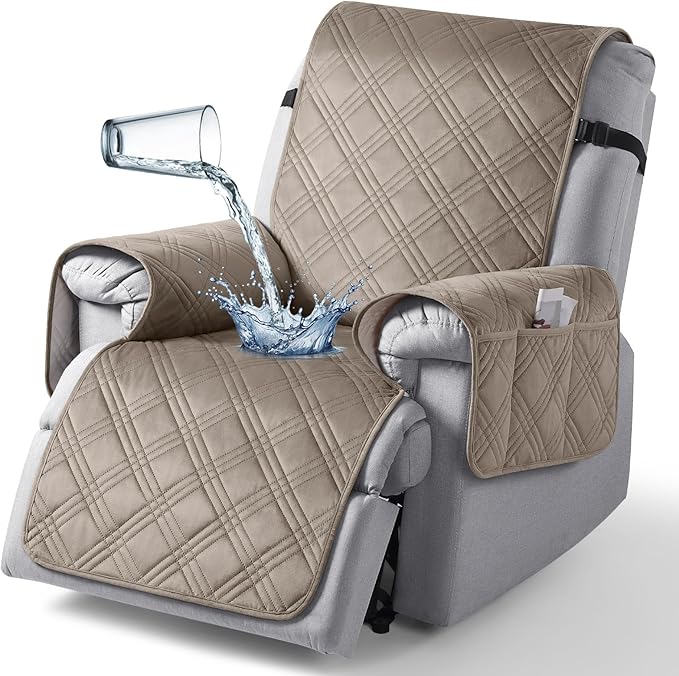 TAOCOCO 100% Waterproof Recliner Chair Cover, Recliner Covers for Recliner Chair with Pocket, Non Slip Reclining Chair Cover Furniture Protector for Kids, Pets(23.6'', Light Taupe-Velvet)