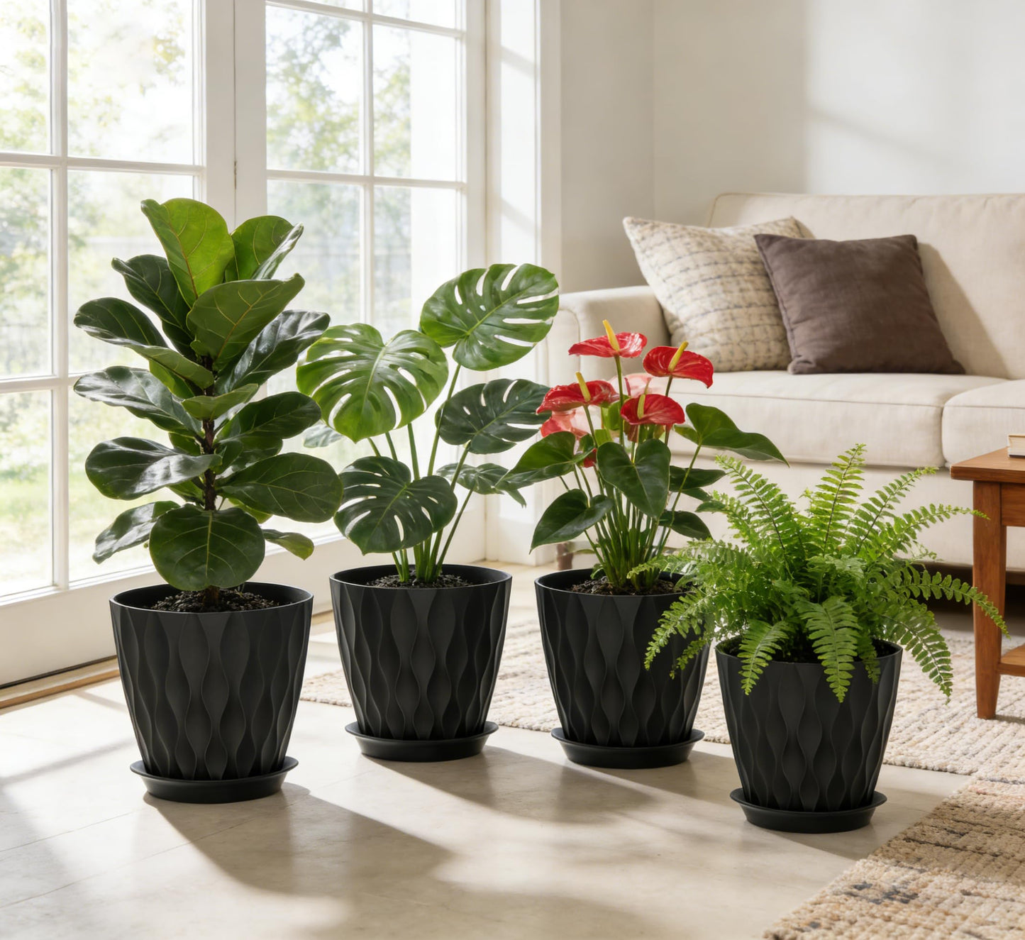 UOUZ 8 Inch Plant Pots, 4 Pack Plastic Planters for Indoor Outdoor with Drainage Holes & Saucers, Waffle Texture Flower Pots for Indoor Plants, Indoor Plant Pots for Monstera, Fiddle Leaf Fig, Black