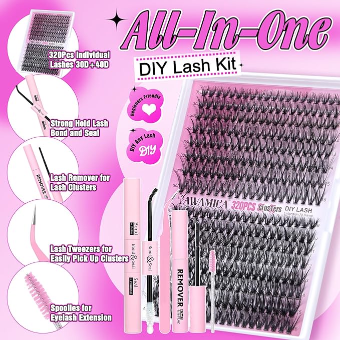 Yawamica DIY Lash Extension Kit 320pcs Individual Lashes Cluster, 9-16mm Mix 30D 40D Eyelash Clusters Wispy Lash Clusters Kit with Bond and Seal and Remover and Lash Applicator for Beginners