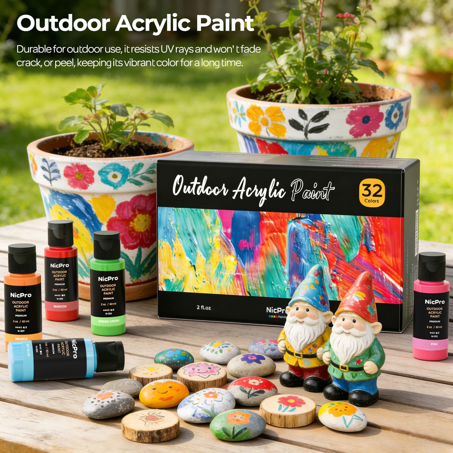 Nicpro 32 Colors Outdoor Acrylic Paint Bulk with Brush and Sponge, Knife, Non-Toxic Paint for Multi-surface Rock, Wood, Fabric, Leather, Crafts, Canvas, Shoes and Wall Painting