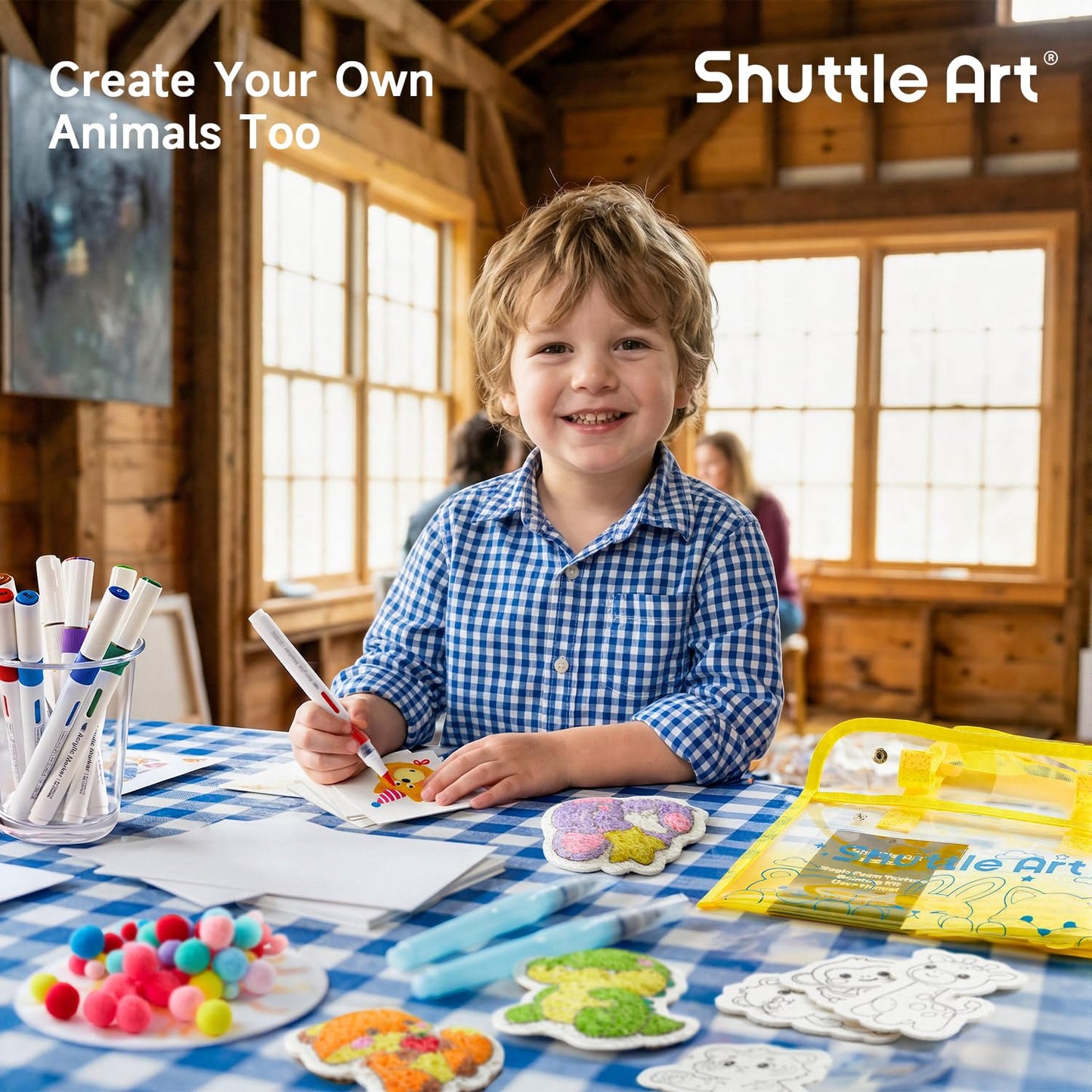 Shuttle Art 63 Pcs Magic Foam Texture Painting Kit – Animal Series: 15 Animal Foam Pieces, Coloring Book with 15 Scenes, 12 Acrylic Paint Markers, Magical 3D Effect DIY Art Craft