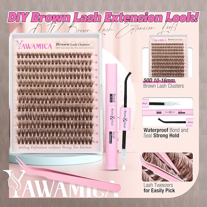 Yawamica Brown Lash Clusters Kit Fluffy Lash Extension Kit 10-16mm Wispy Eyelash Clusters D Curly Cluster Eyelash Extensions 50D Individual DIY Lashes Kit with Waterproof Bond and Seal Lash Tweezers