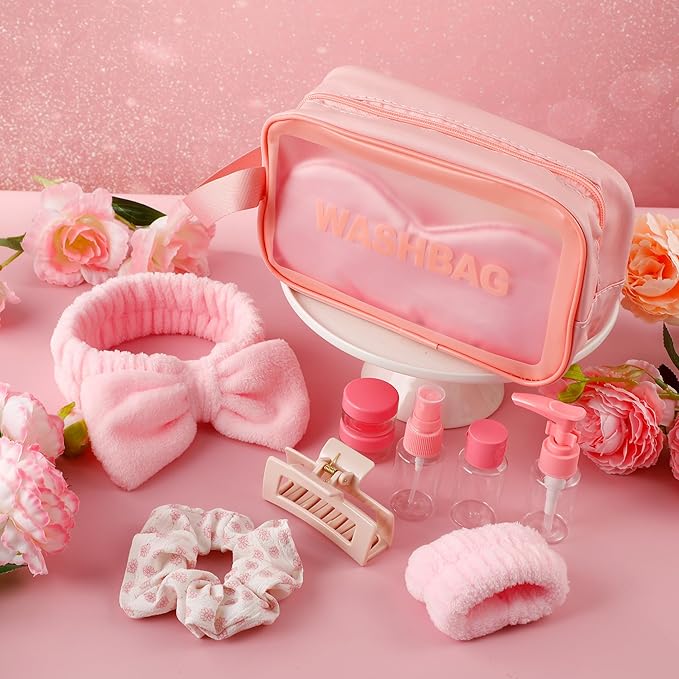 CWJCYTNSN 12PCS Spa Headband for Washing Face Wristbands Set Girls Pink Makeup Skincare Headbands with Silk Sleep Eye Mask Silicone Hair Clips Travel Bottles Hair Accessories for Women Gifts