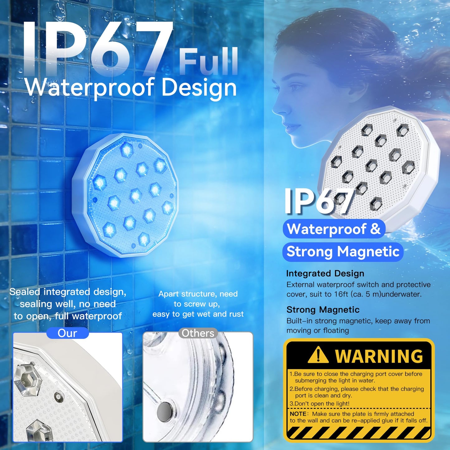 Ollny Pool Lights with Remote, Rechargeable Submersible LED Lights 3000mAh Battery, 16 Colors Changing IP67 Waterproof LED Puck Lights for Above Ground Pools, Inground Pool, Ponds, Hot Tubs 4 Pack
