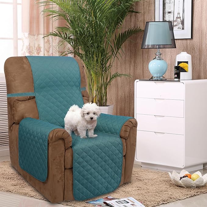 U-NICE HOME Recliner Chair Covers Reversible Chair Cover Pet Covers for Dogs with Elastic Straps Water Resistant Diamond Quilted (28''Recliner Oversized, Blue/Beige)